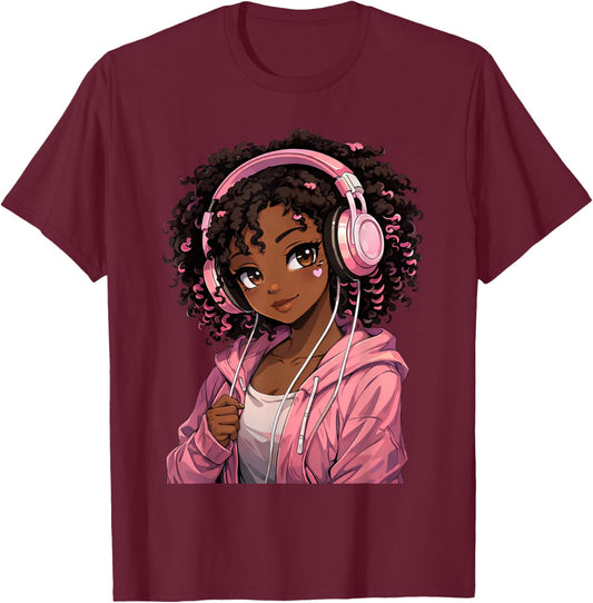 Anime Afro Black Girl African American Music Anime Merch T-Shirt - T-Shirt | Maroon