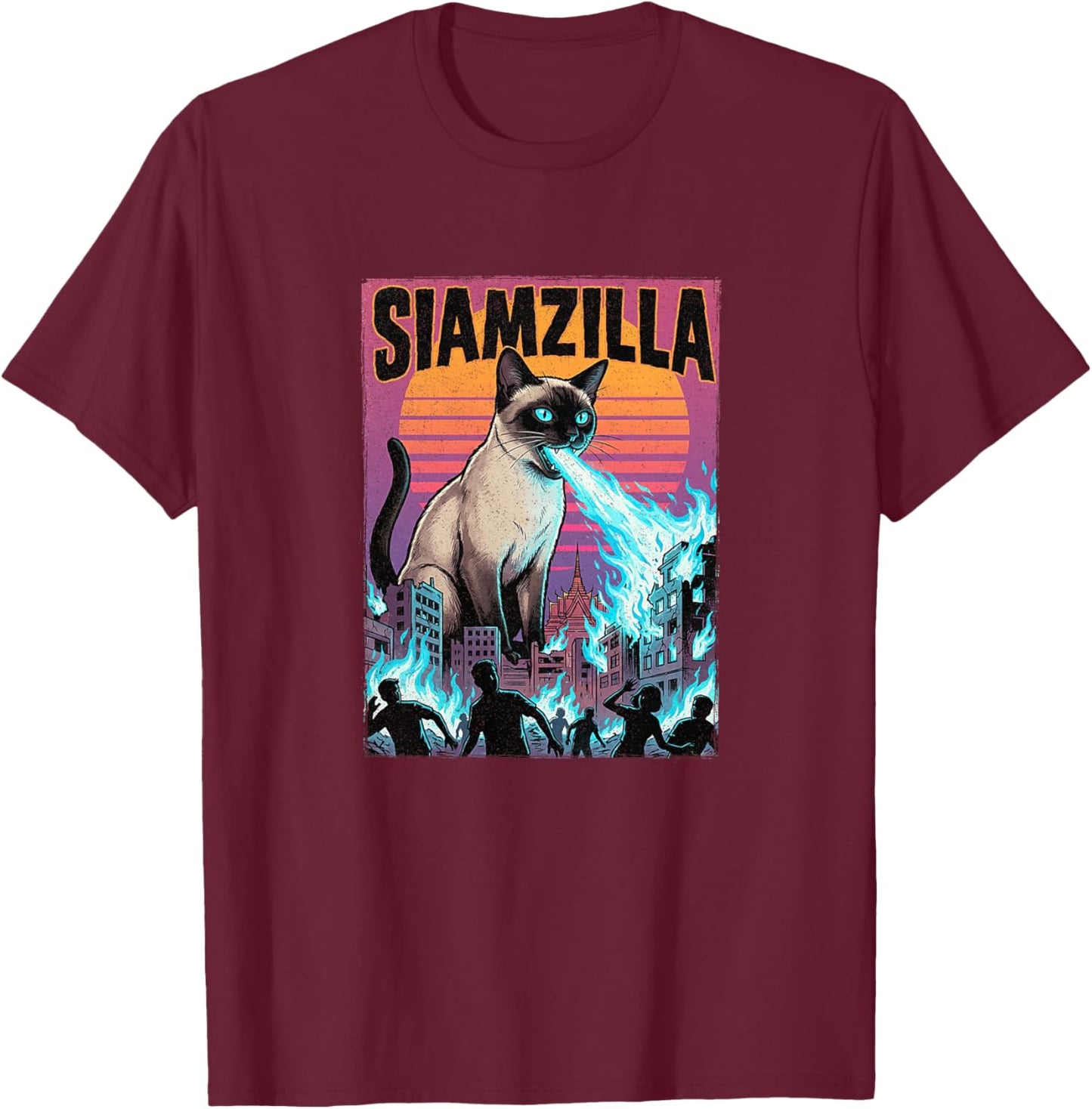 Siamzilla Chat Siamois Thaïlande – Coucher de Soleil Mignon Catzilla Haut de Gamme T-Shirt - T-Shirt | Maroon