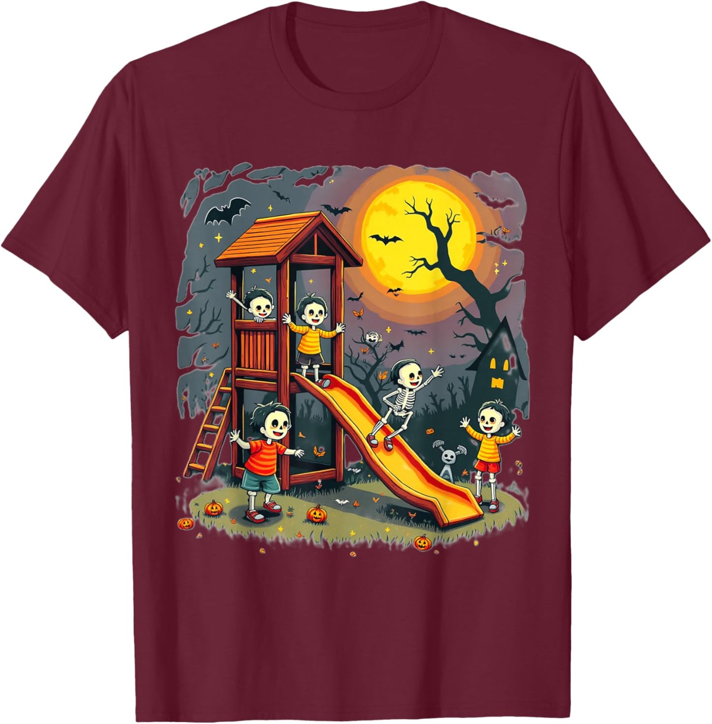 Horror Clubhouse In Park Halloween 2025 Costume Present T-Shirt - T-Shirt | Maroon