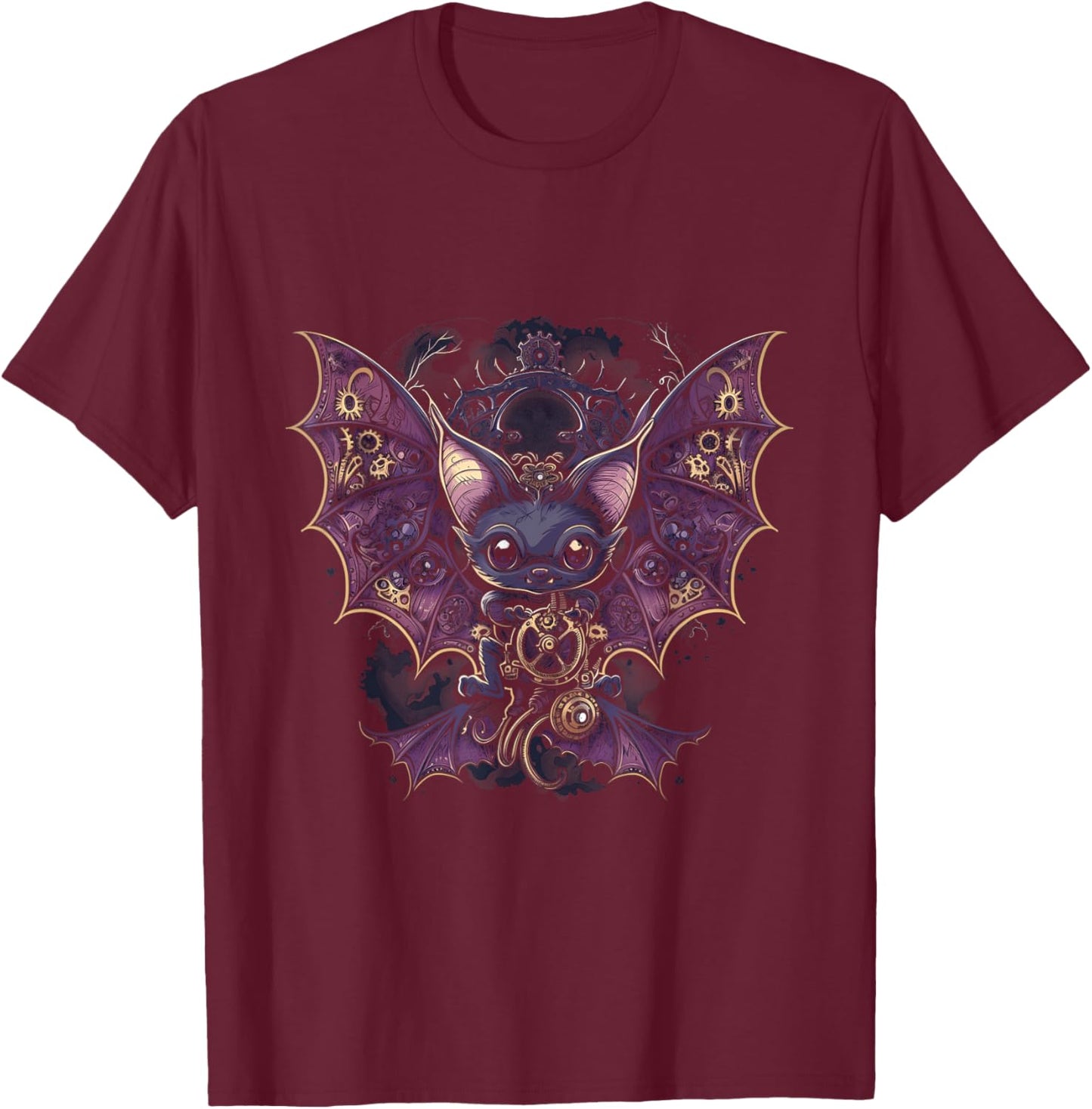Steampunk Vampire Bat with fangs, wings and gears Gothic art T-Shirt - T-Shirt | Maroon