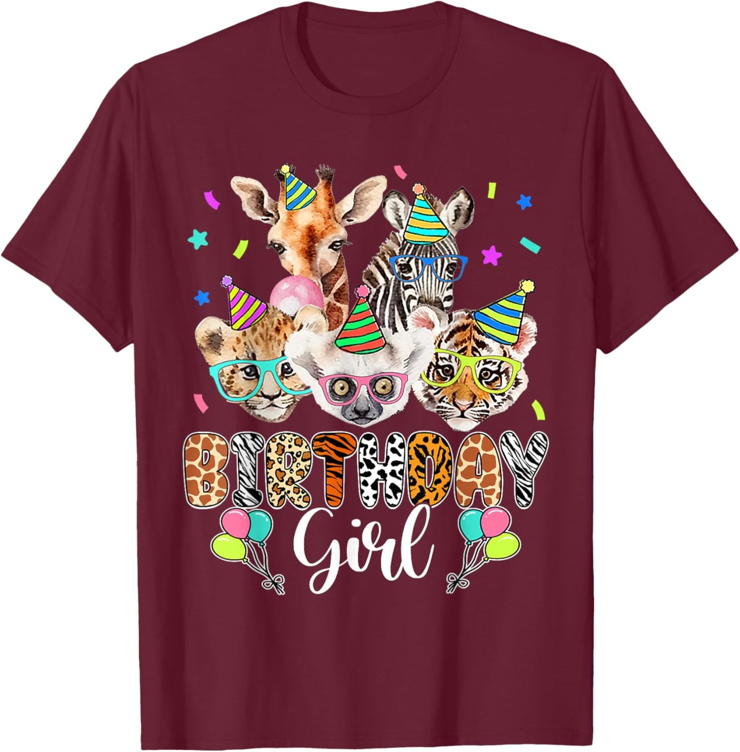 Happy Birthday Girl Zoo Animals Wildlife Girls Kids Cute T-Shirt - T-Shirt | Maroon