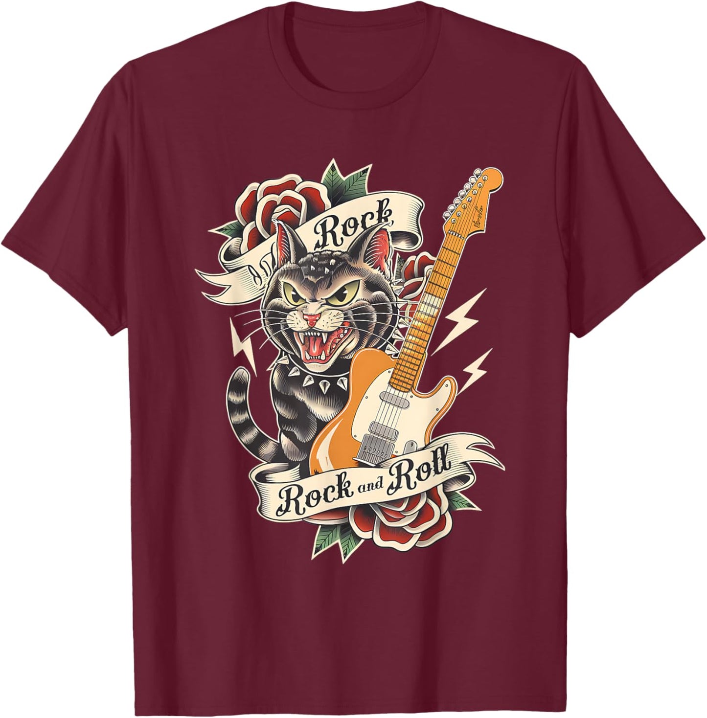 Rock and Roll Guitar Vintage Classic Tattoo Style Rock Cat T-Shirt - T-Shirt | Maroon