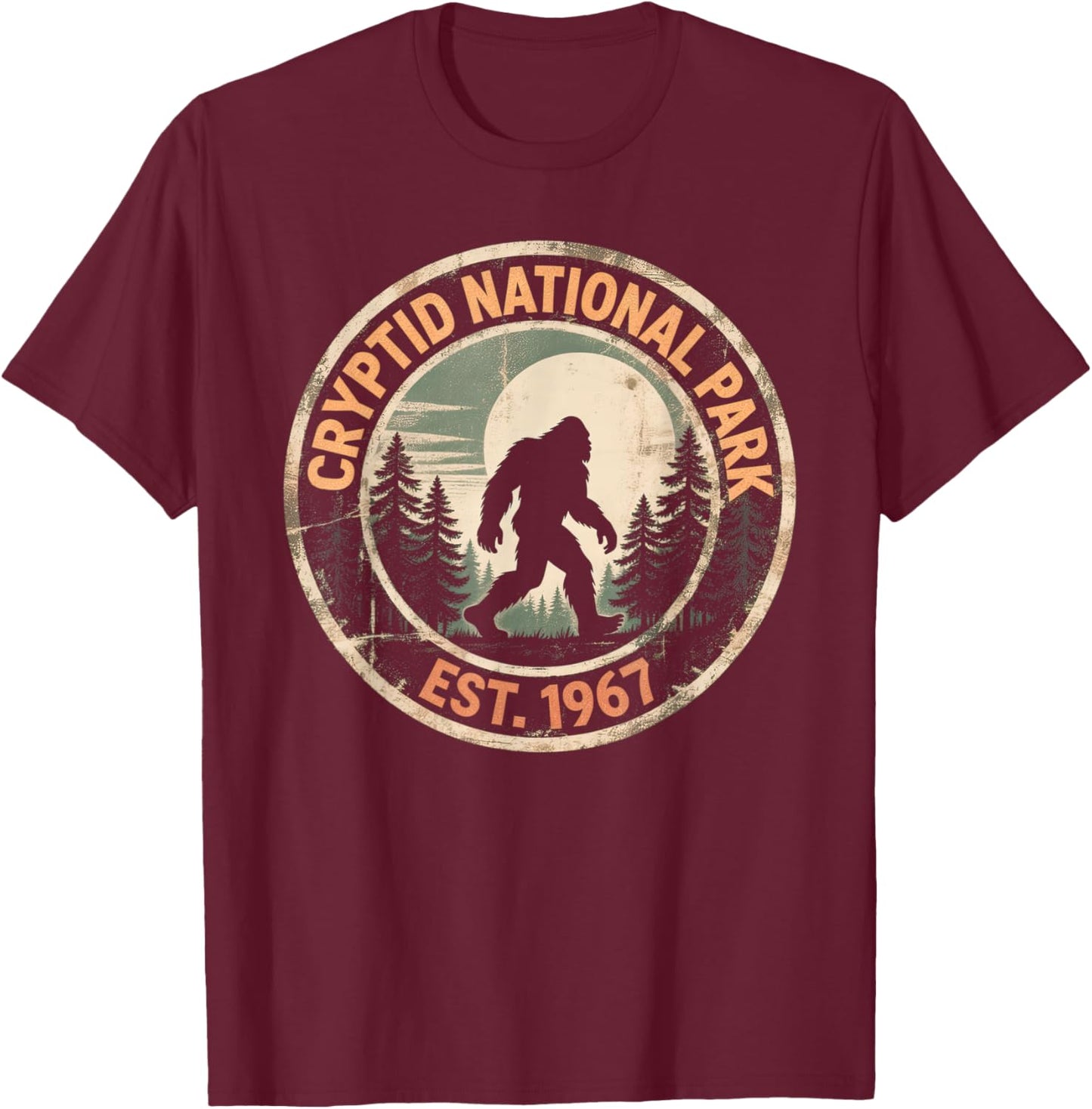 Vintage Sasquatch Cryptid National Park Bigfoot Hiking T-Shirt - T-Shirt | Maroon