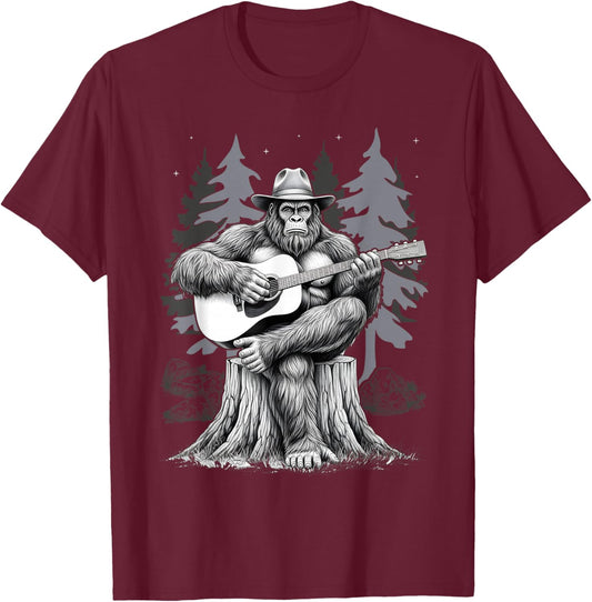Bigfoot Playing Electric Guitar Sasquatch Rock On Big Foot T-Shirt - T-Shirt | Maroon