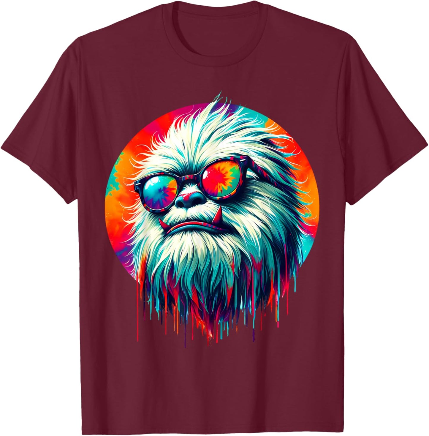 Cool Tie Dye Sunglasses Yeti Graphic Illustration Art T-Shirt - T-Shirt | Maroon
