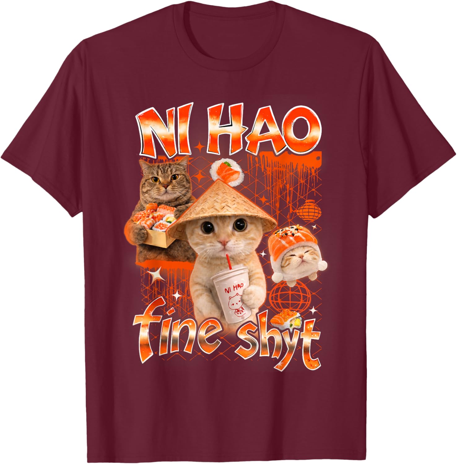 Ni Hao Fine Shyt Funny Brainrot Gen Z Meme Gen Alpha T-Shirt - T-Shirt | Maroon