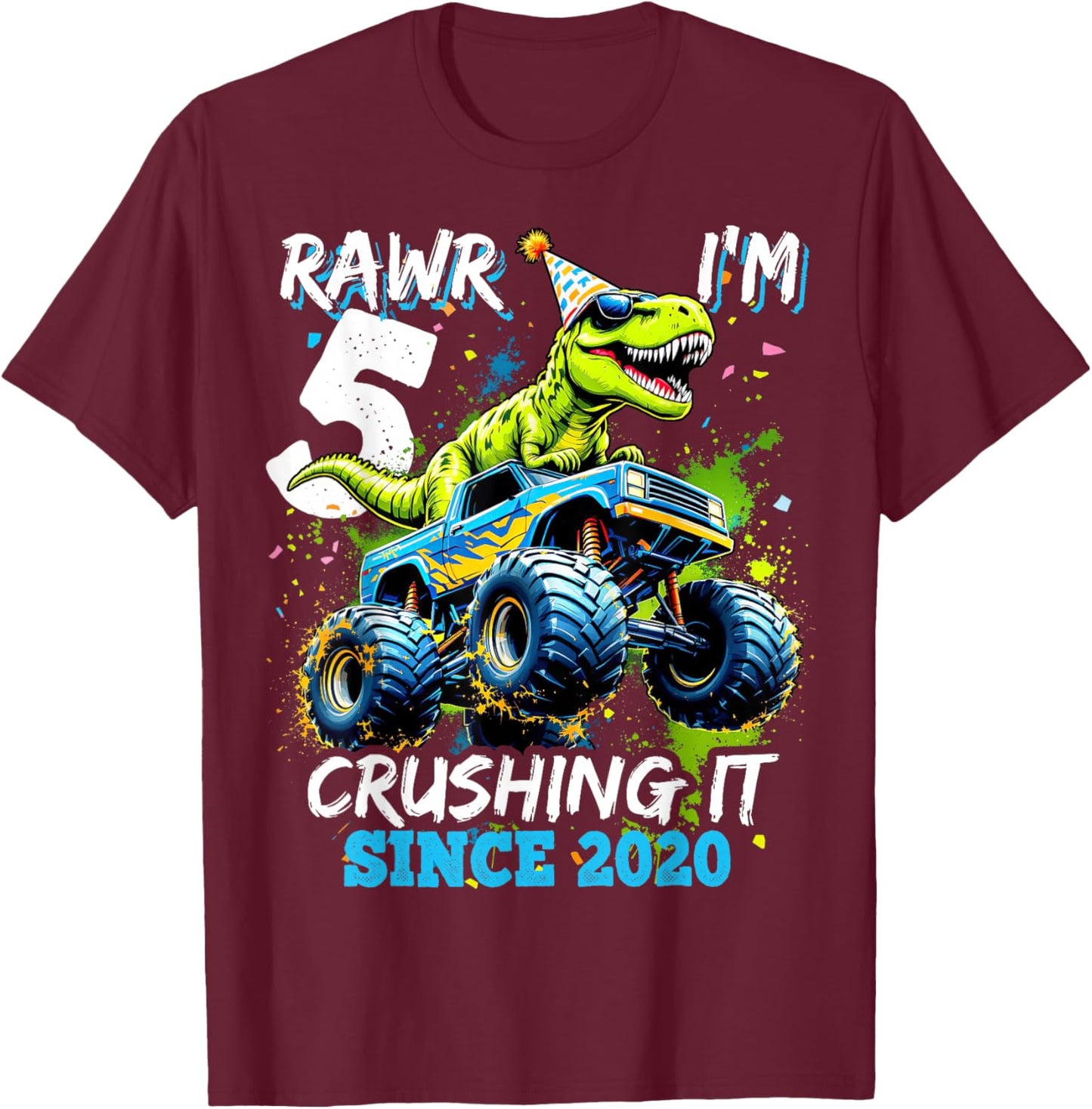5th Birthday Monster Truck Dinosaur Party Boys Rawr I'm 5 T-Shirt - T-Shirt | Maroon