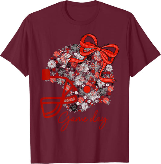 Floral Football Game Day Girly Team Spirit Black Red & White T-Shirt - T-Shirt | Maroon