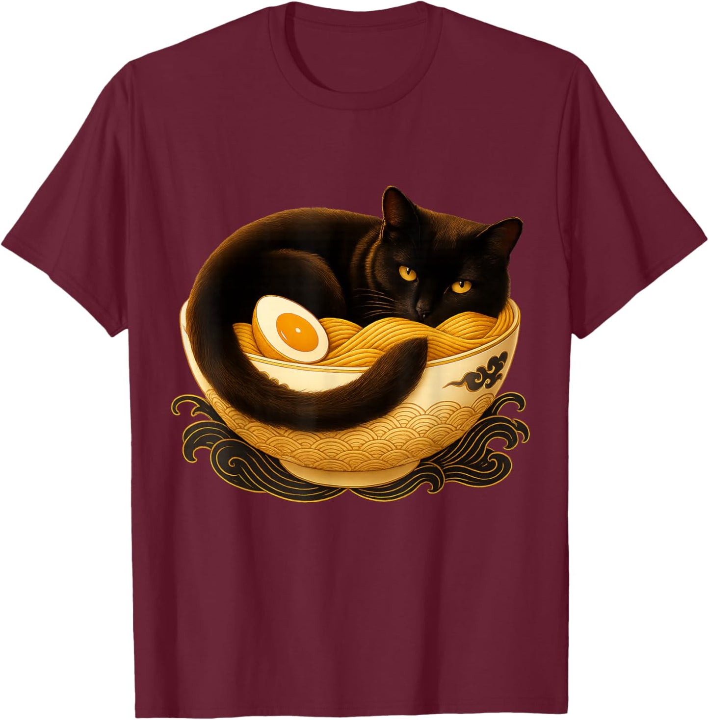 Japanese Ramen Bowl with Retro Black Cat Pattern T-Shirt - T-Shirt | Maroon
