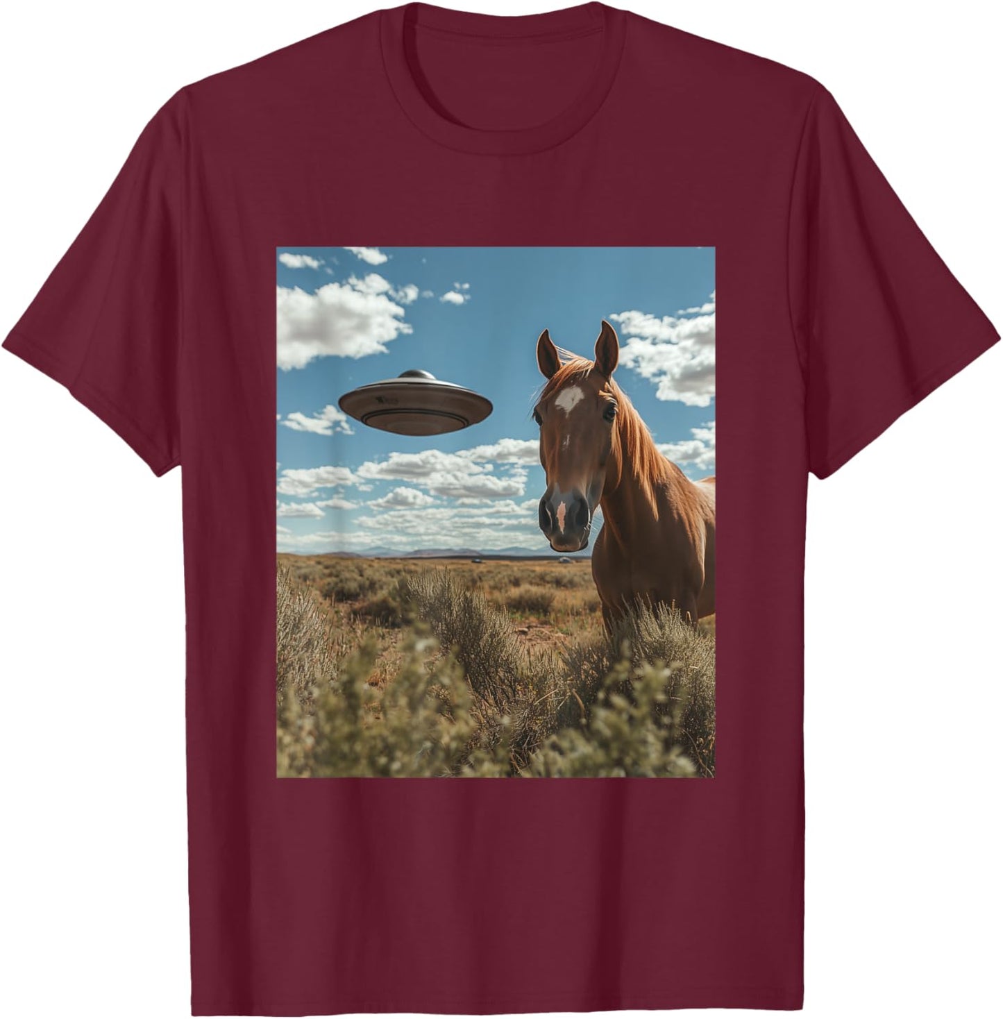 Horse Selfie with UFOs Aliens Funny Graphic T-Shirt - T-Shirt | Maroon