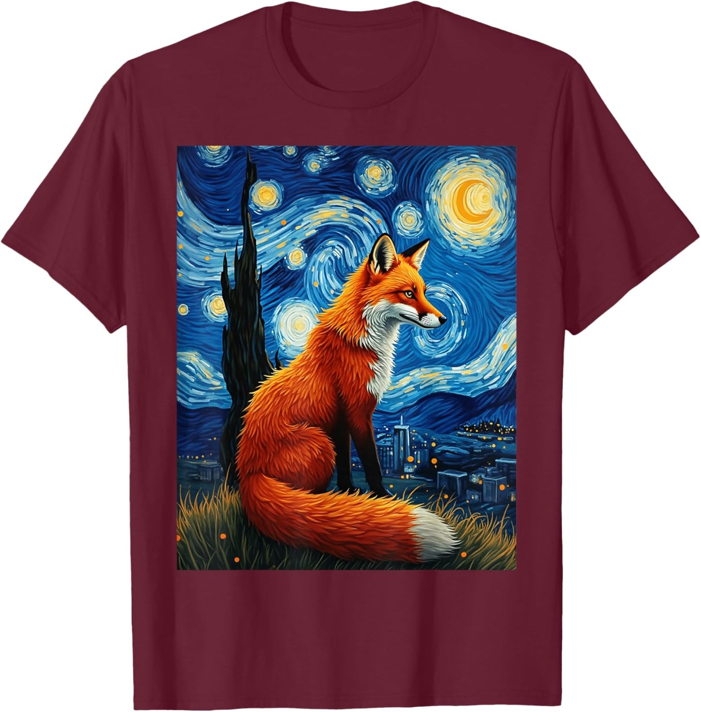Van Gogh's Starry Night Red Fox Cunning Trickster Animal T-Shirt - T-Shirt | Maroon