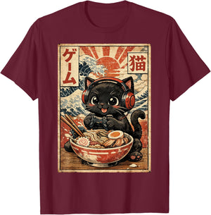 Funny Cute Gamer Cat Ramen Kawaii Japanese Ukiyo-e Art Anime T-Shirt - T-Shirt | Maroon