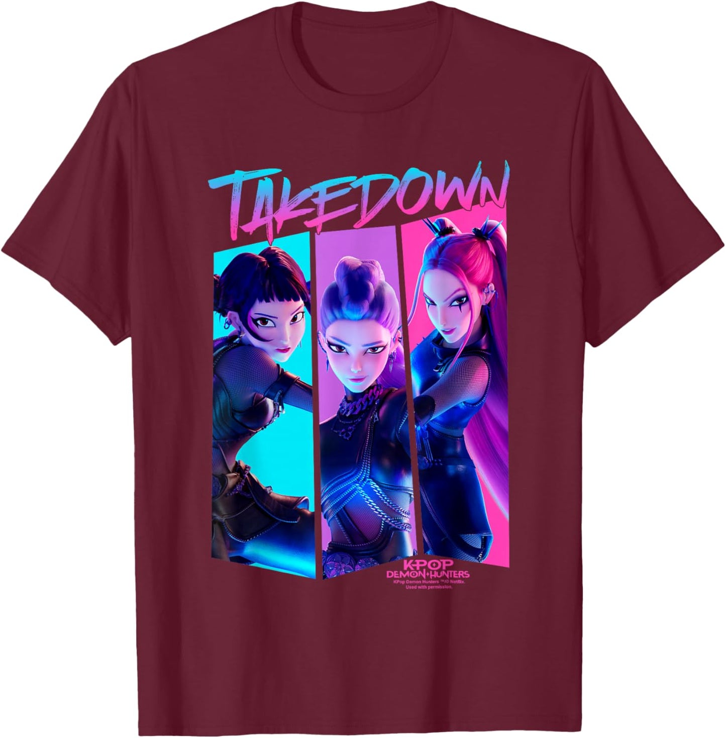 KPop Demon Hunters Huntrix Demons Takedown Comic T-Shirt - T-Shirt | Maroon
