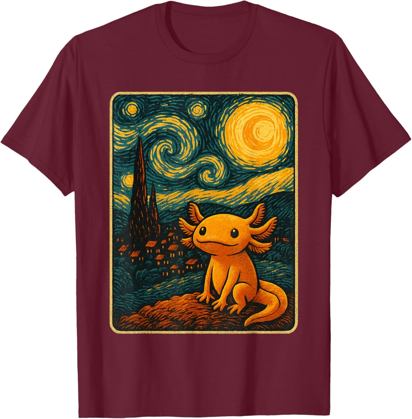 Axolotl Starry Night Van Gogh Art Gifts Women Kid T-Shirt - T-Shirt | Maroon