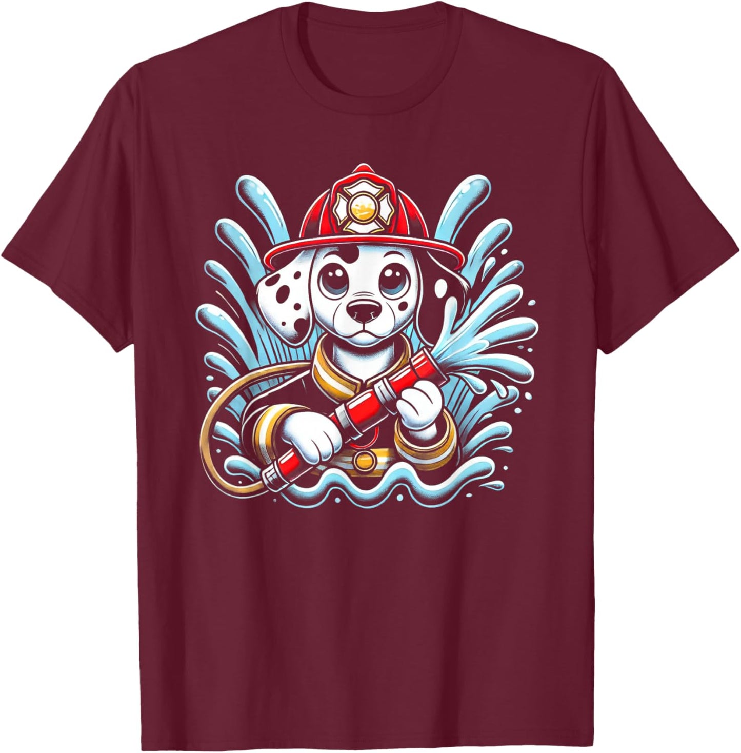 Cute Cartoon Dalmatian Dog Firefighter Fireman For Children T-Shirt - T-Shirt | Maroon