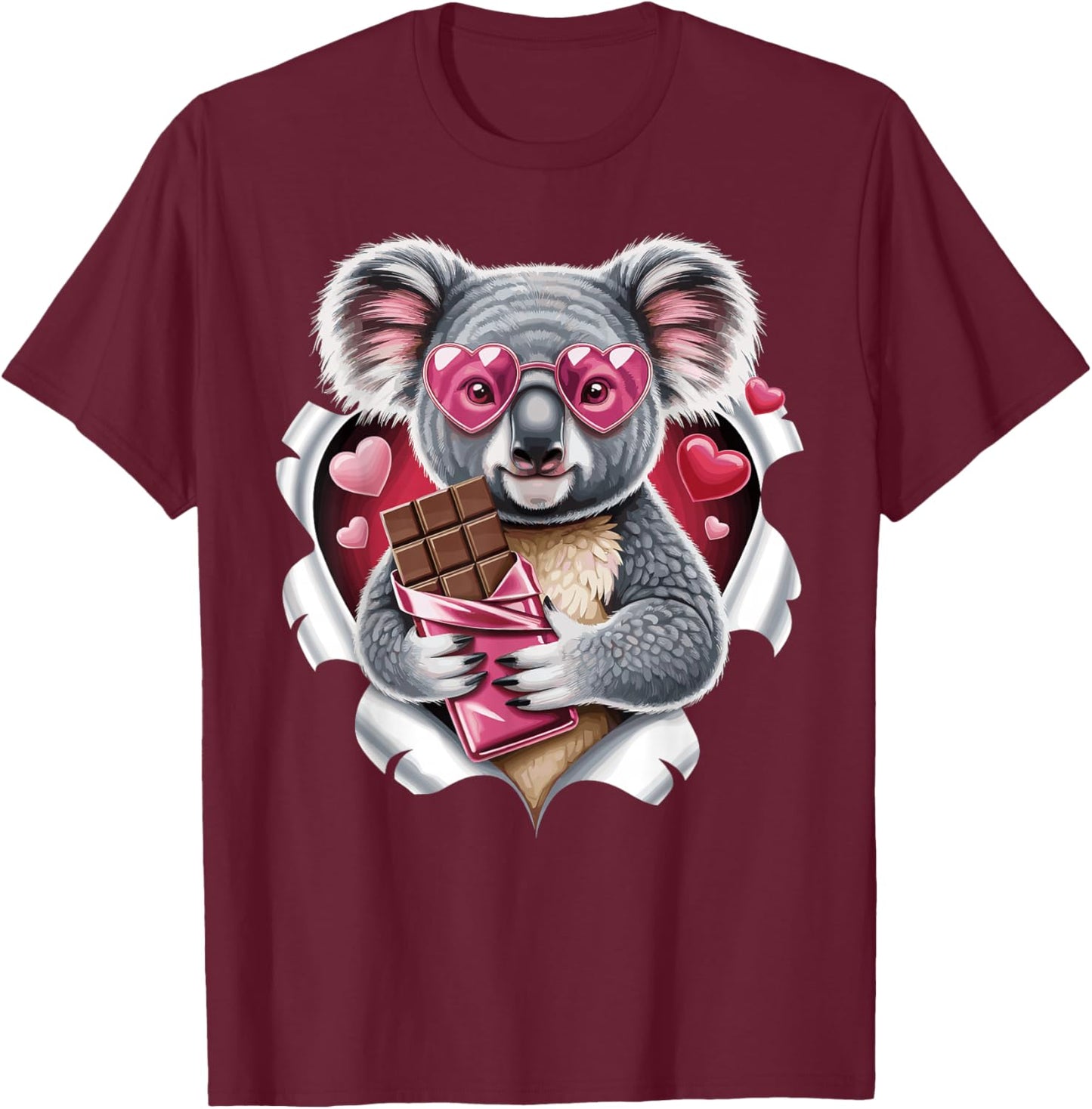 Cute Koala with Chocolate and Pink Hearts Love T-Shirt - T-Shirt | Maroon