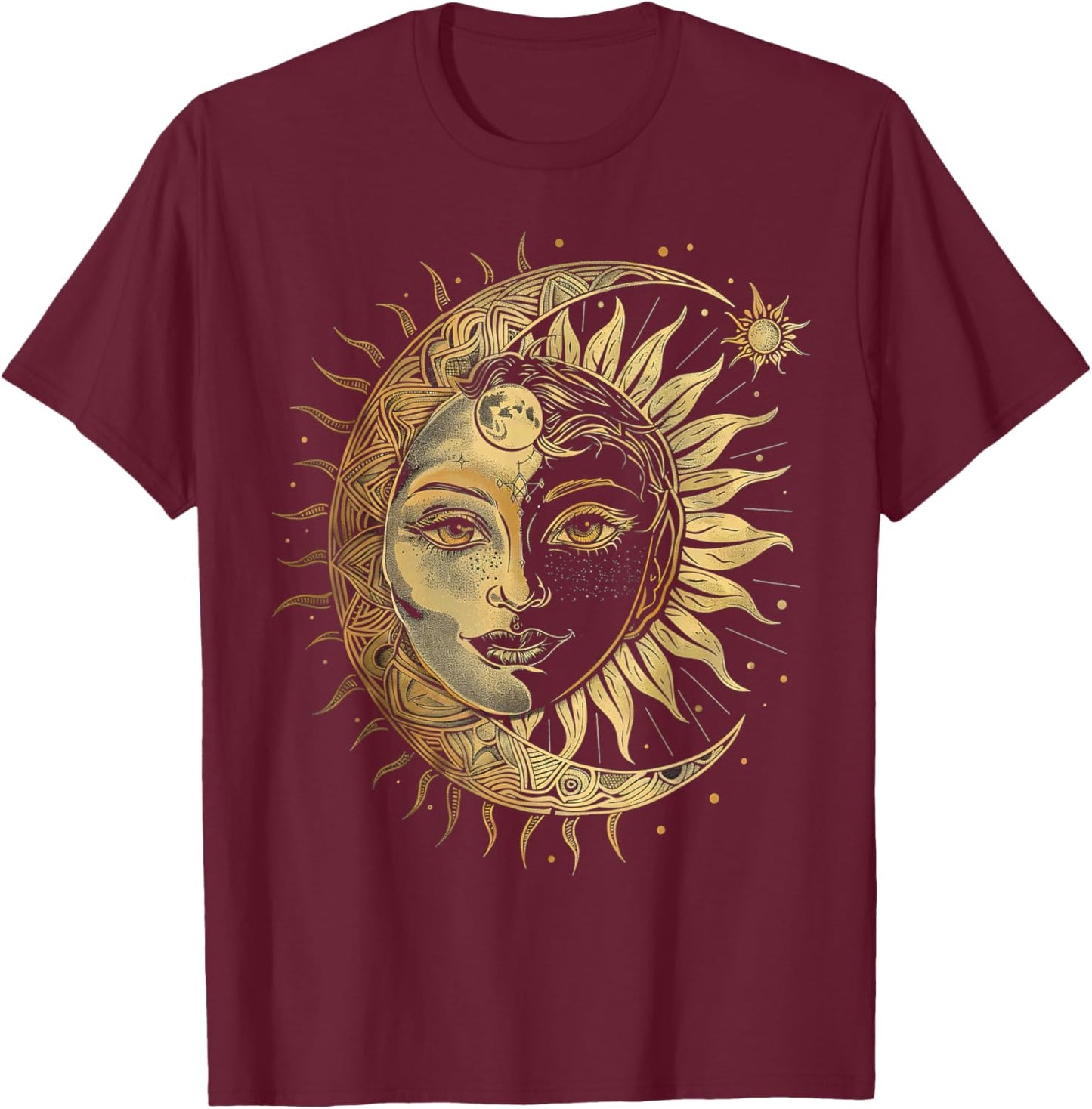 Mystic Sun and Moon Woman Mystical Flowers Aesthetic T-Shirt - T-Shirt | Maroon