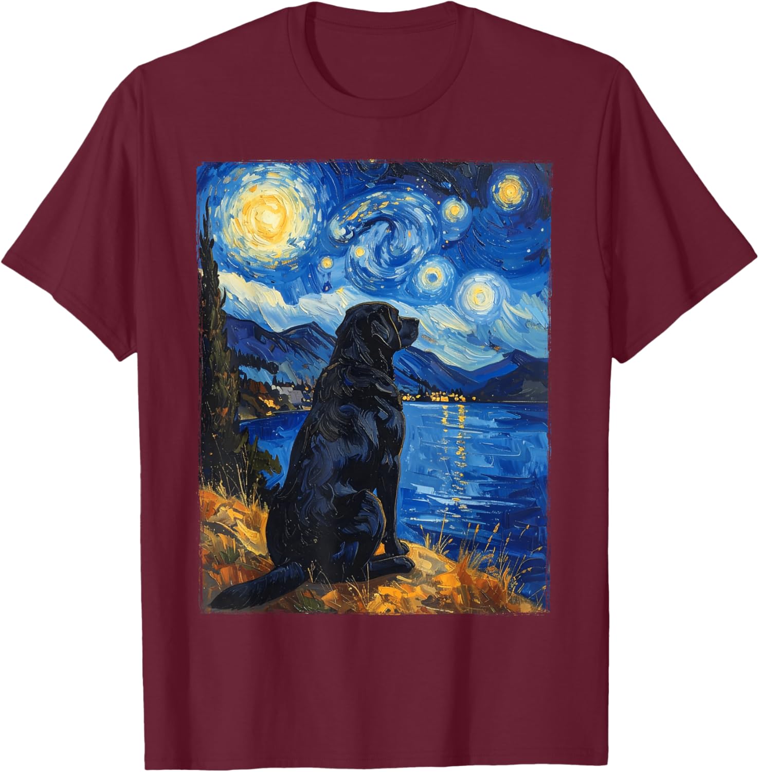Van Gogh Starry Night Painting Black Retriever Dog T-Shirt - T-Shirt | Maroon