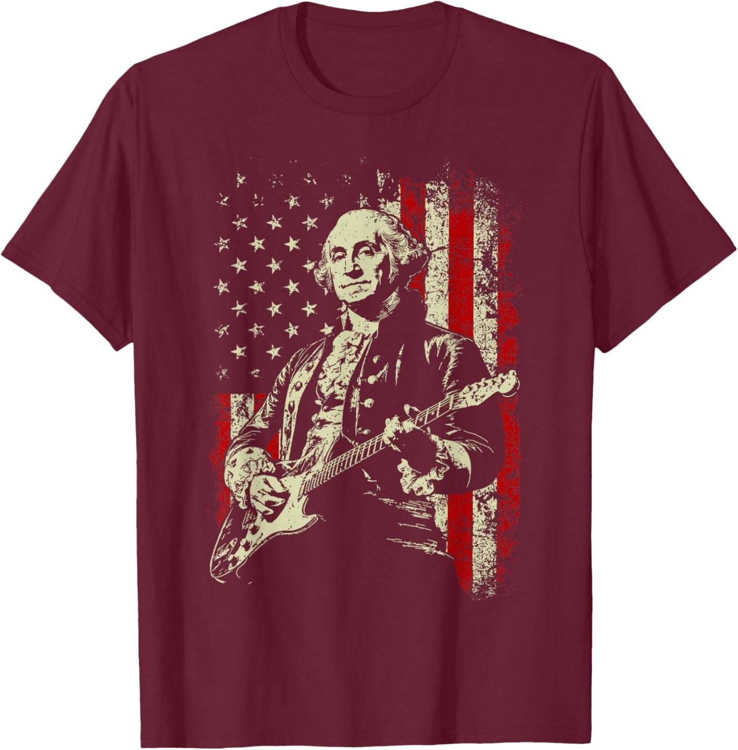 George Washington Playing Guitar Rock and Roll American Flag T-Shirt - T-Shirt | Maroon