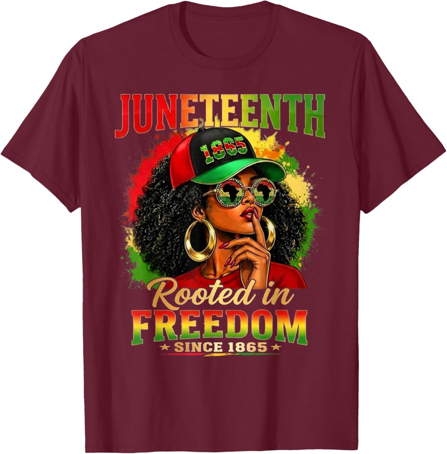 Juneteenth Black Women Girls Rooted in Freedom1865 Afro T-Shirt - T-Shirt | Maroon