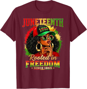Juneteenth Black Women Girls Rooted in Freedom1865 Afro T-Shirt - T-Shirt | Maroon