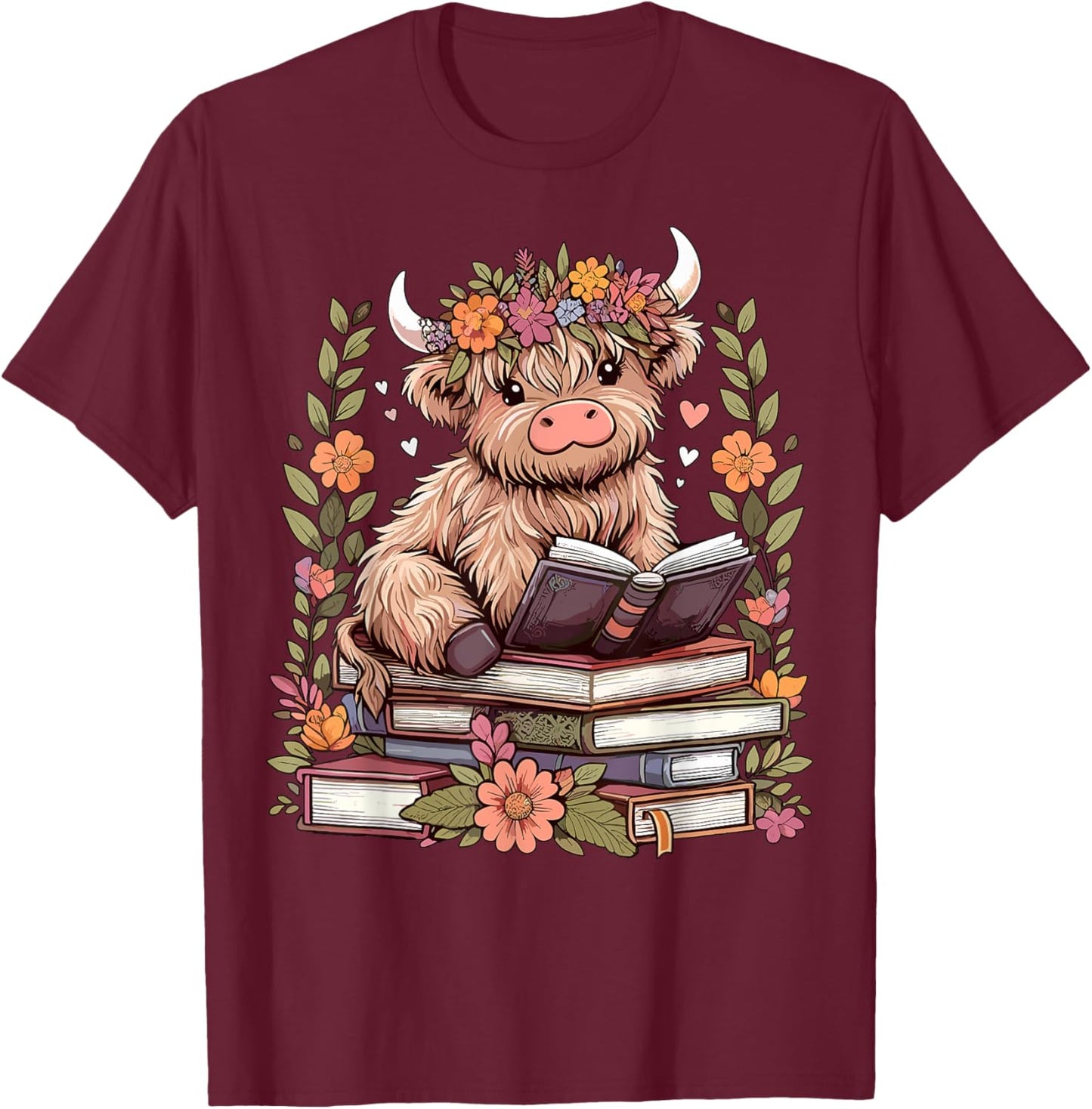 Cute Baby Highland Cow Reading Book Bookworm T-Shirt - T-Shirt | Maroon