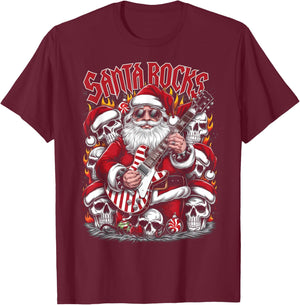 Christmas Rocker Metalhead Guitarist Santa Rocks T-Shirt - T-Shirt | Maroon