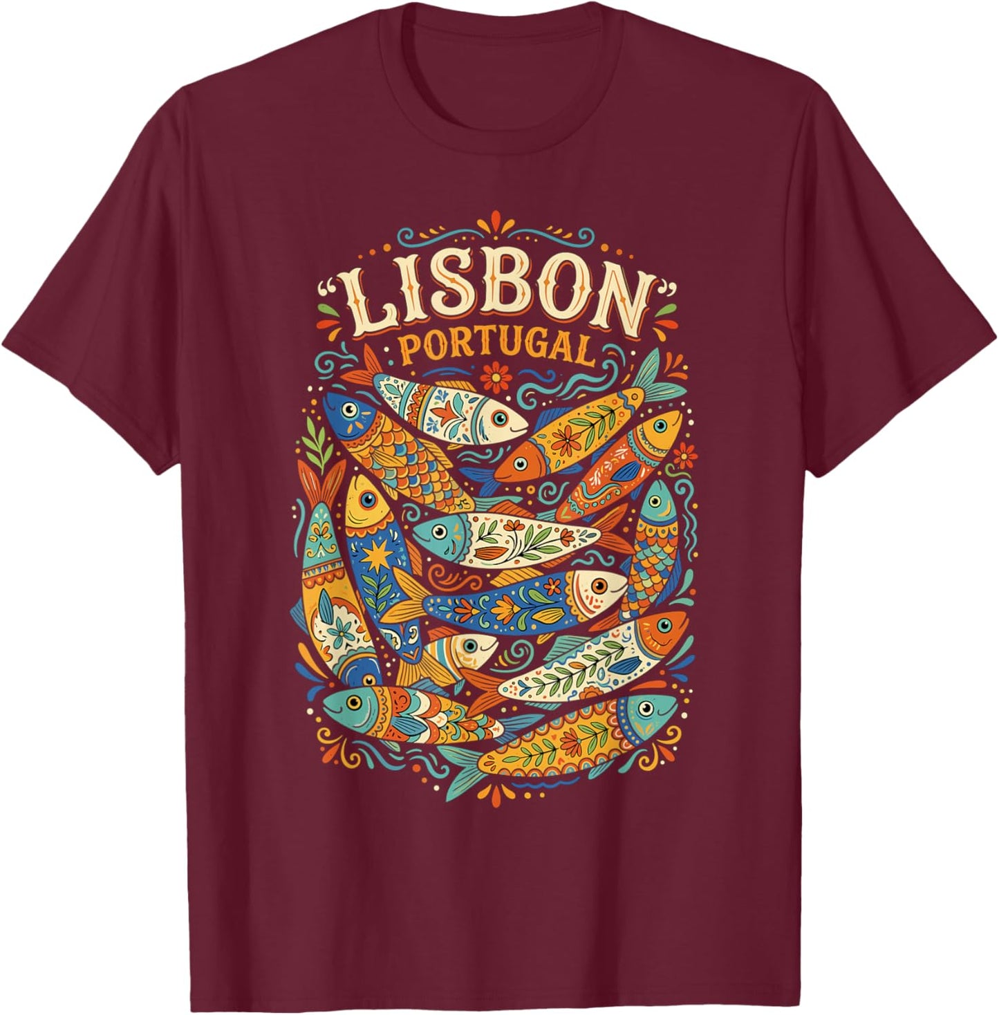 Lisbon, Portugal Fish, Fun, Colorful Sardines T-Shirt - T-Shirt | Maroon