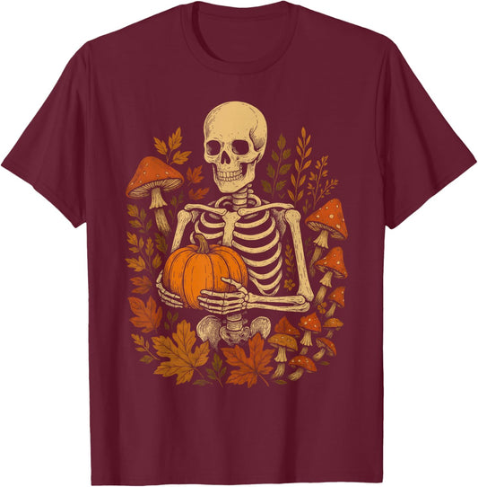 Fall Cottagecore Aesthetic Floral Mushroom Skeleton Pumpkin T-Shirt - T-Shirt | Maroon