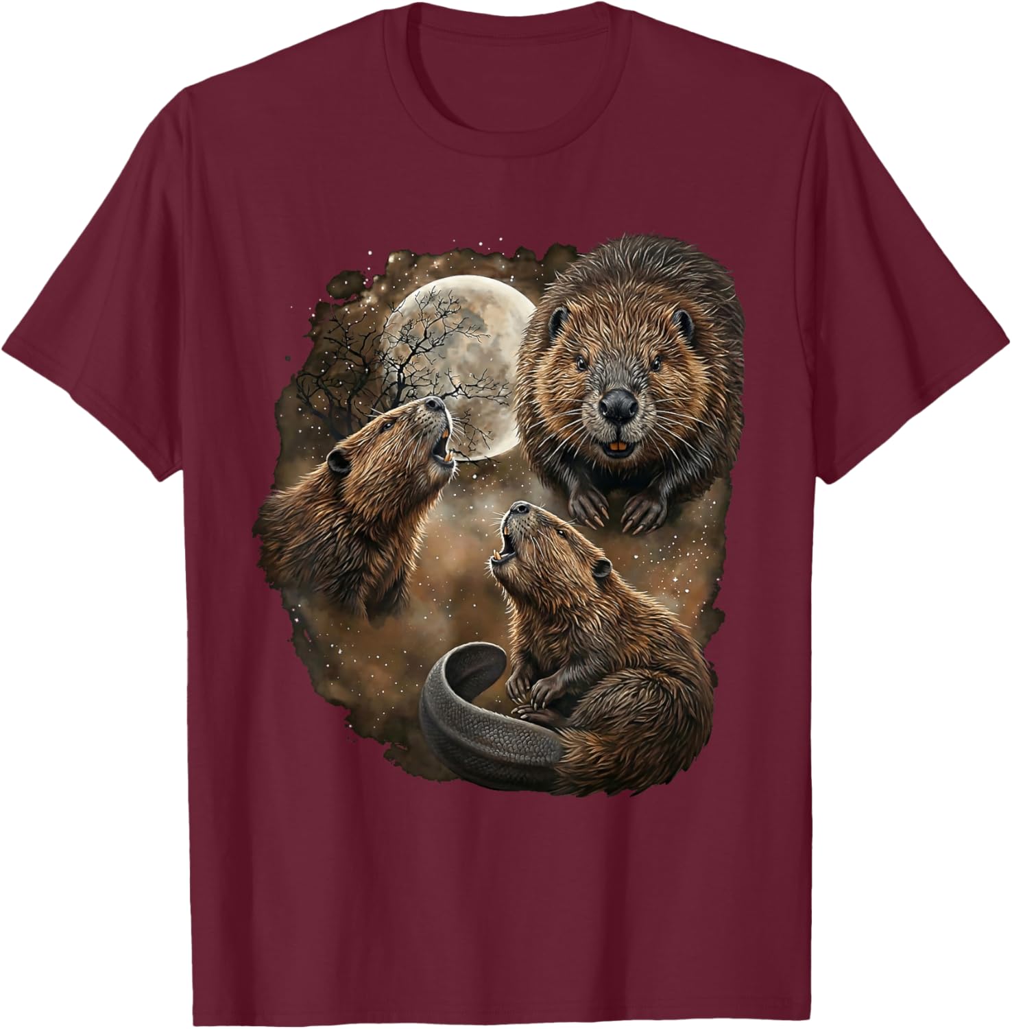 Beaver Howling Moon Design Funny Animal Beaver Meme T-Shirt - T-Shirt | Maroon