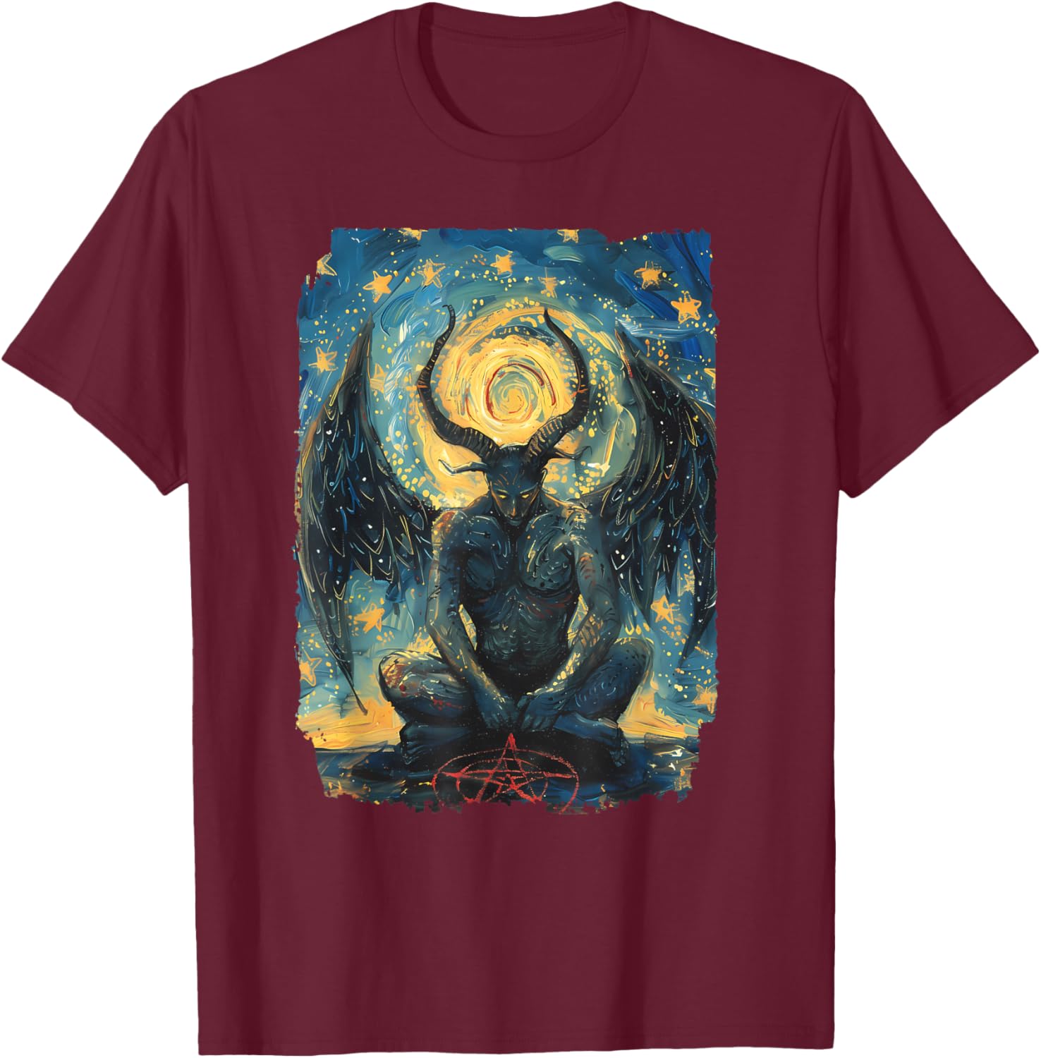 Occult Baphomet Starry Nights Goat Pentagram T-Shirt - T-Shirt | Maroon