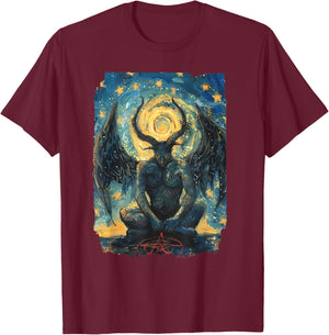 Occult Baphomet Starry Nights Goat Pentagram T-Shirt - T-Shirt | Maroon