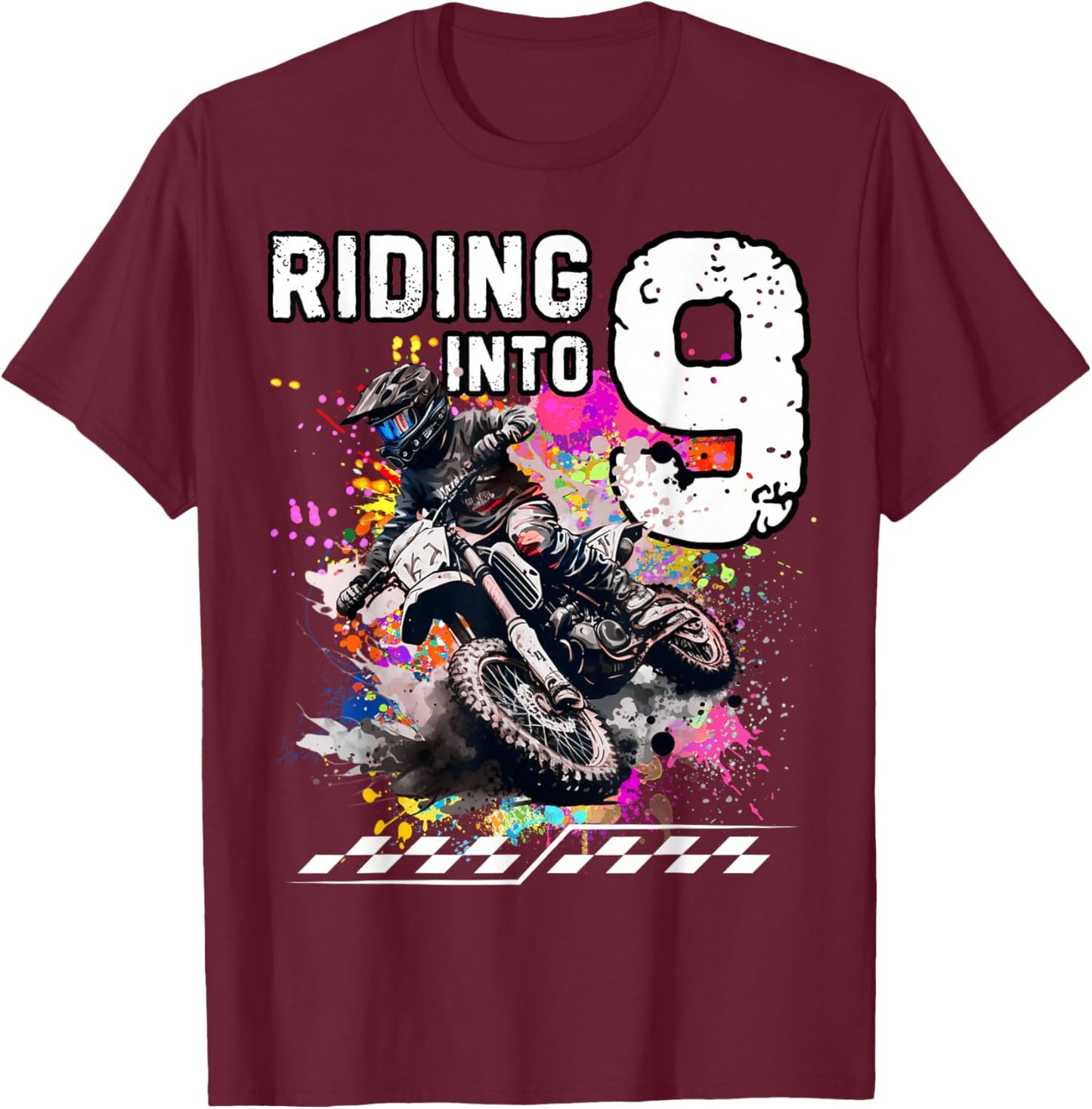 Motocross Birthday 9th Year Old Riding Into 9 MX Dirt Bike T-Shirt - T-Shirt | Maroon