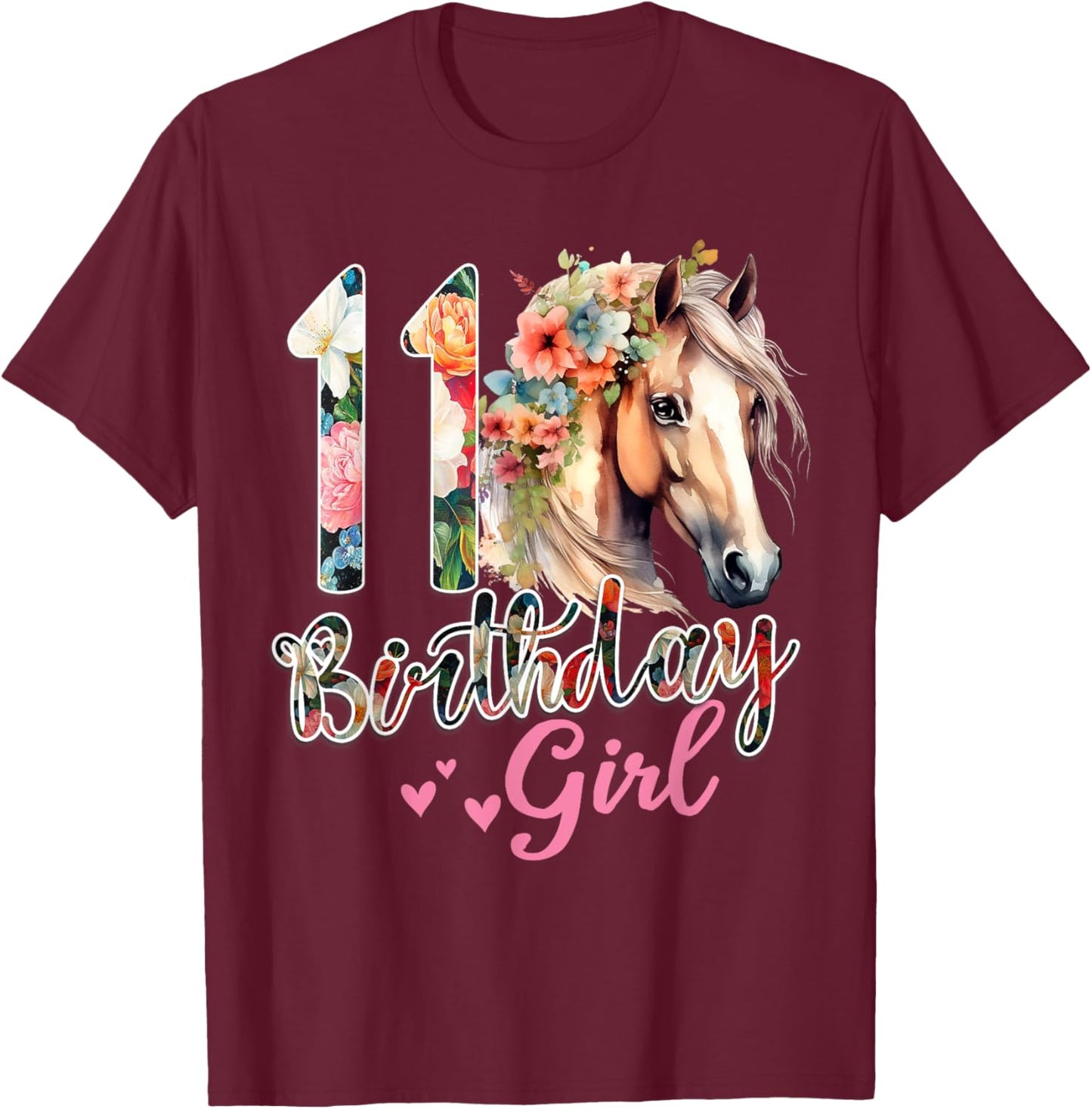 11th Birthday Horse 11 Years Old Birthday Girl T-Shirt - T-Shirt | Maroon
