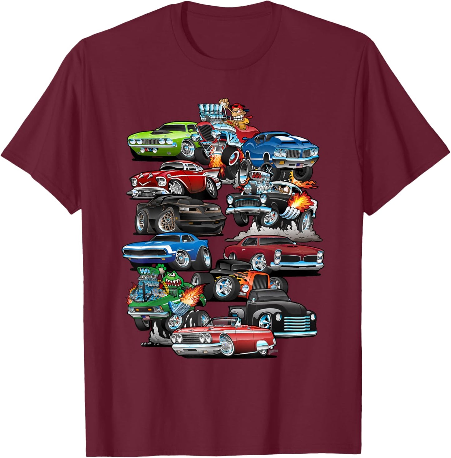 Car Madness! Muscle Cars, Classic Cars and Hotrods Cartoon T-Shirt - T-Shirt | Maroon