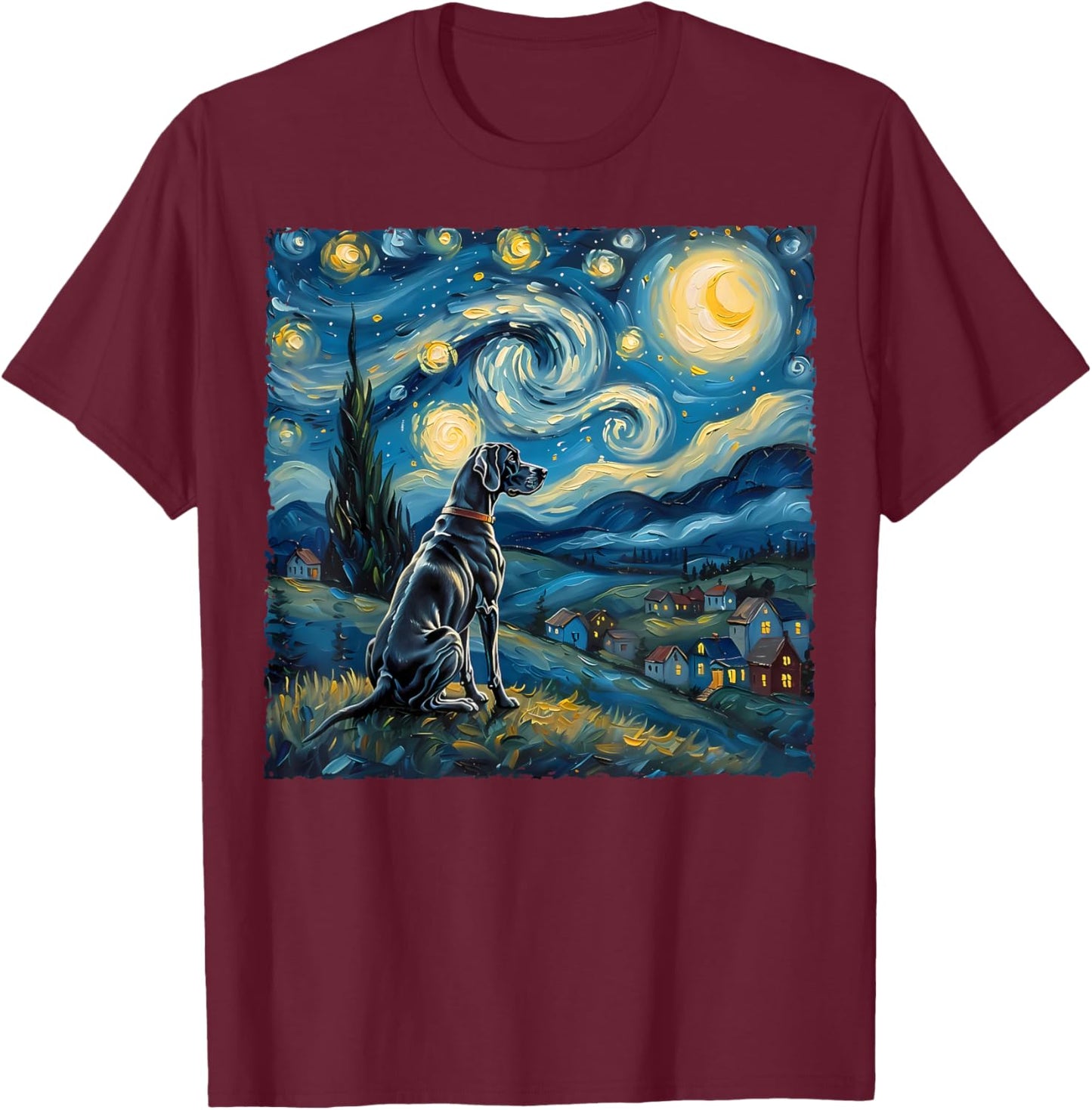 Great Dane Dog Lovers Starry Night Van Gogh Style Painting Women Girls Kids T-Shirt - T-Shirt | Maroon