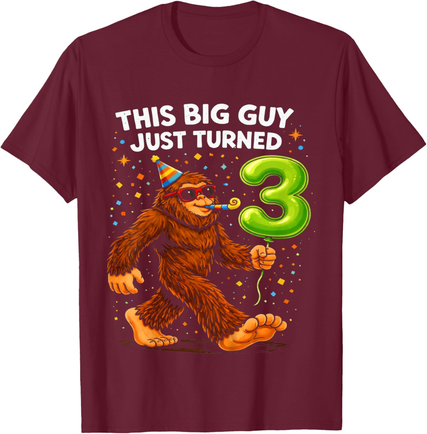 Kids Bigfoot Three 3rd Birthday Sasquatch 3 Year Old Birthday Boy T-Shirt - T-Shirt | Maroon