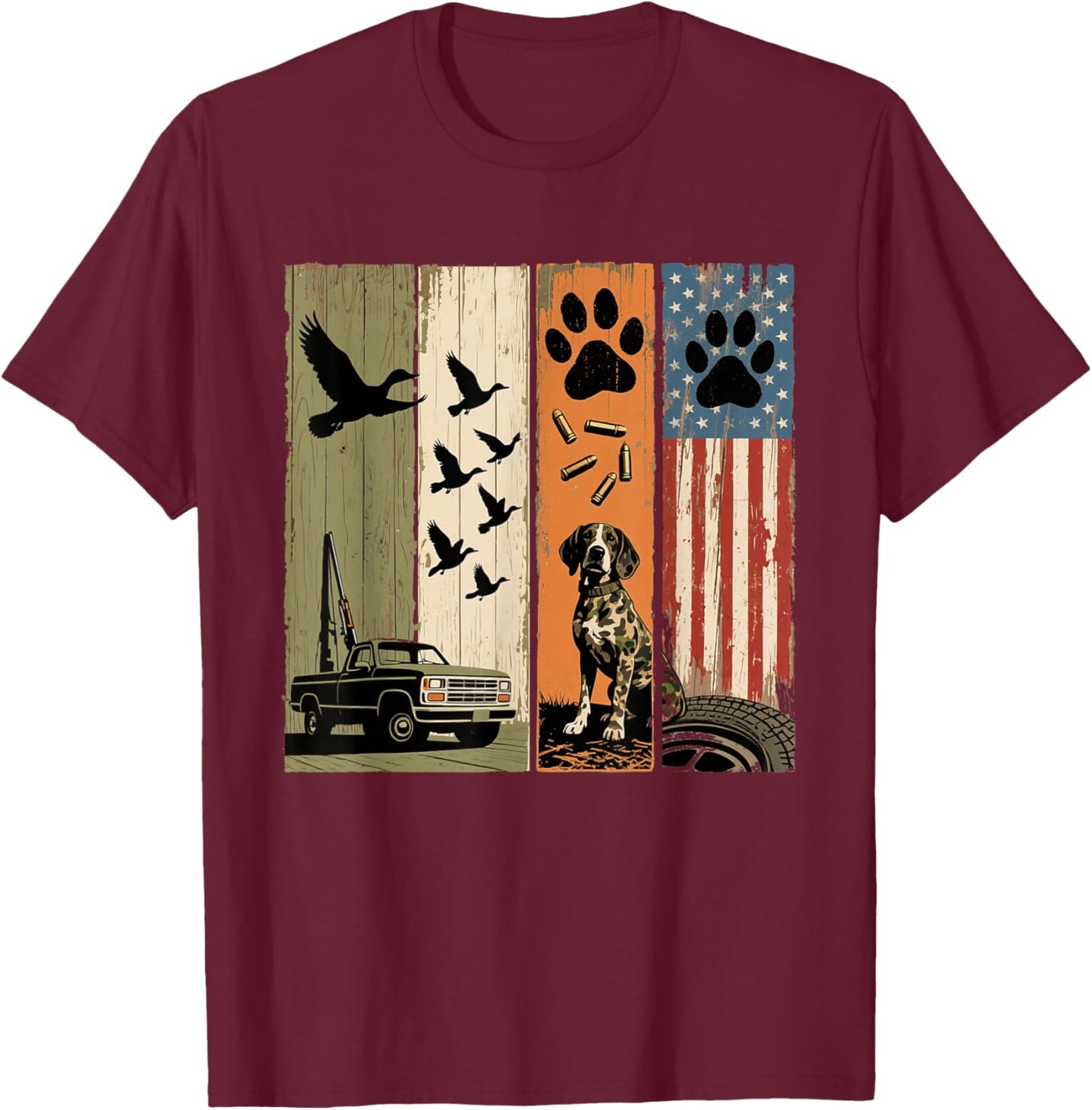 Vintage Hunting Dog Patriotic USA Flag Duck Hunter Men Boys T-Shirt - T-Shirt | Maroon