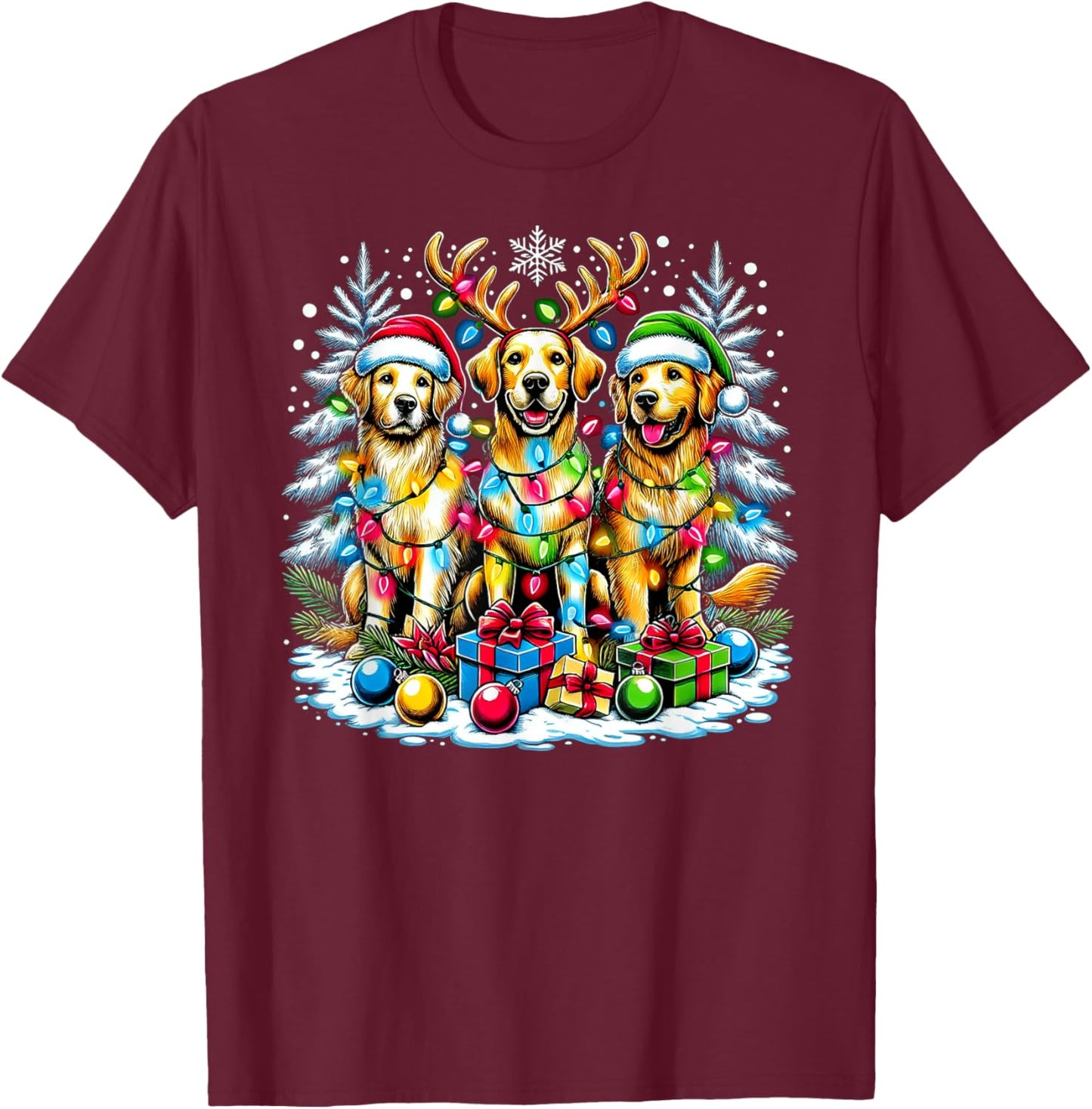 Golden Retriever Funny Christmas Dogs Santa Claus Hat Xmas T-Shirt - T-Shirt | Maroon