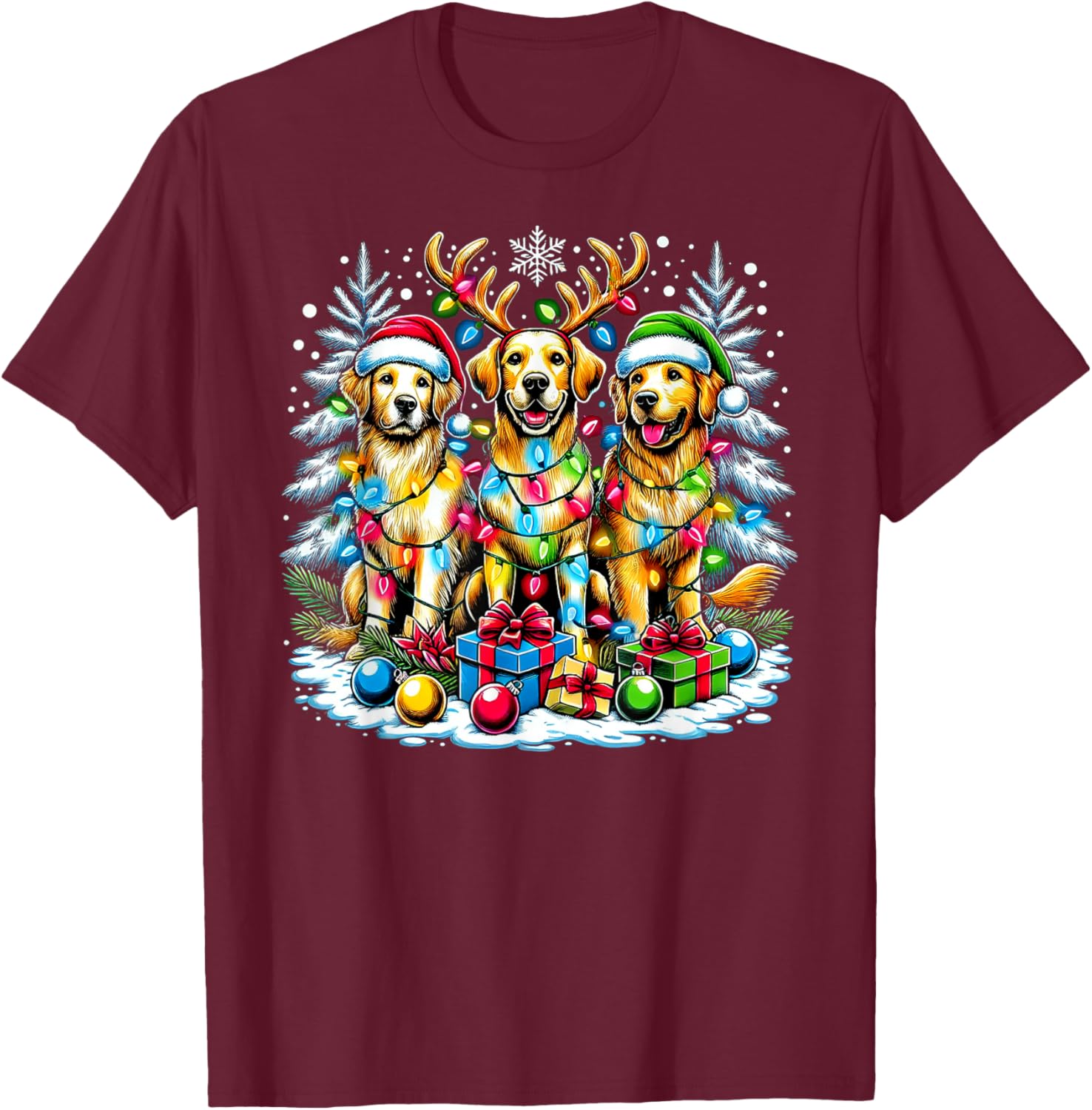 Golden Retriever Funny Christmas Dogs Santa Claus Hat Xmas T-Shirt - T-Shirt | Maroon