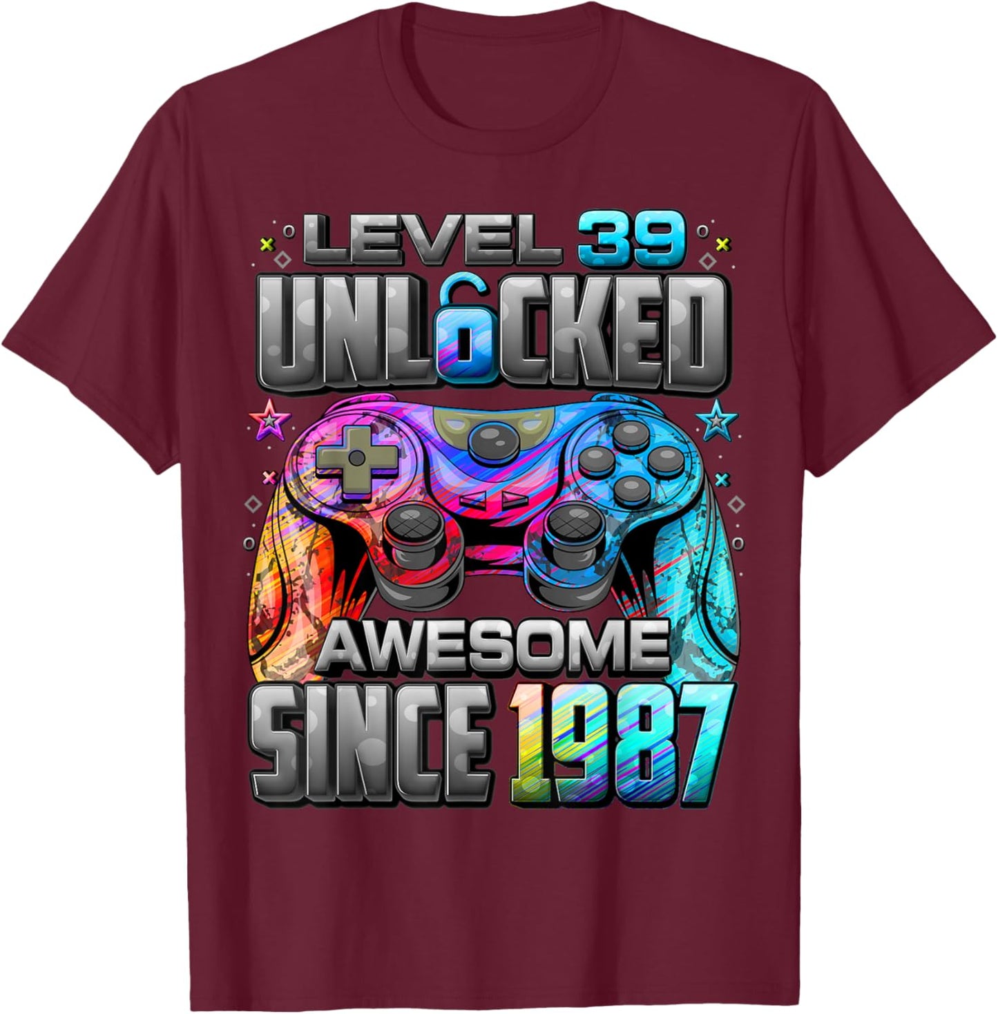Level 39 Unlocked Awesome Since 1987 39th Birthday Gaming T-Shirt - T-Shirt | Maroon