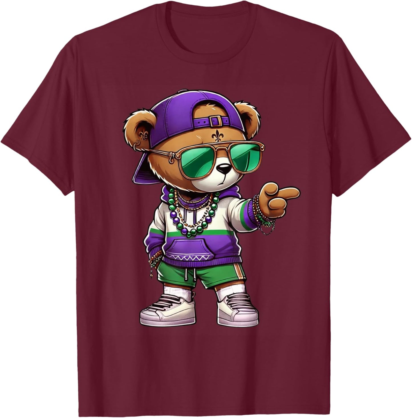 Mardi Gras Teddy Bear For Boys Men Hip Hop New Orleans T-Shirt - T-Shirt | Maroon