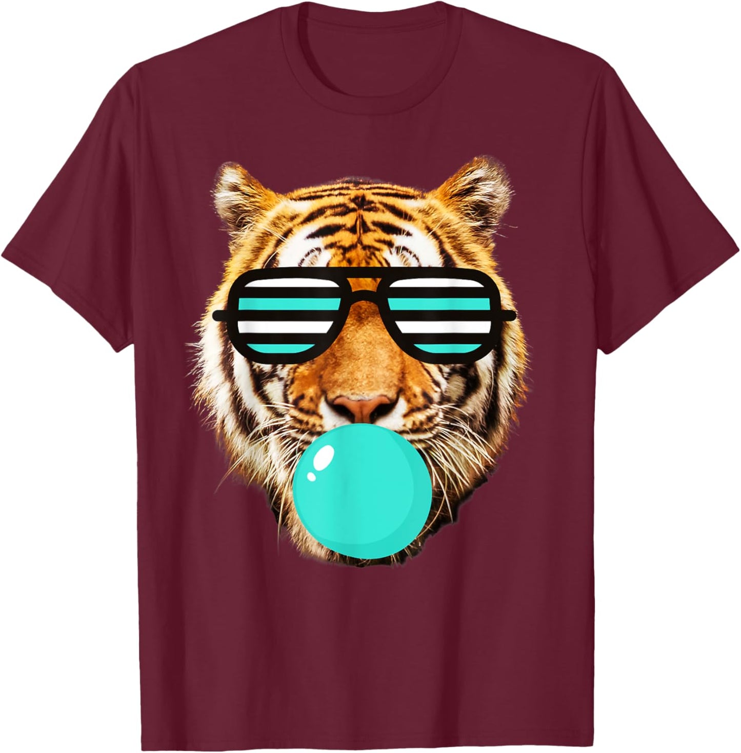 Turquoise bubble Gum tiger Stripe Cute Tiger with Sunglasses T-Shirt - T-Shirt | Maroon