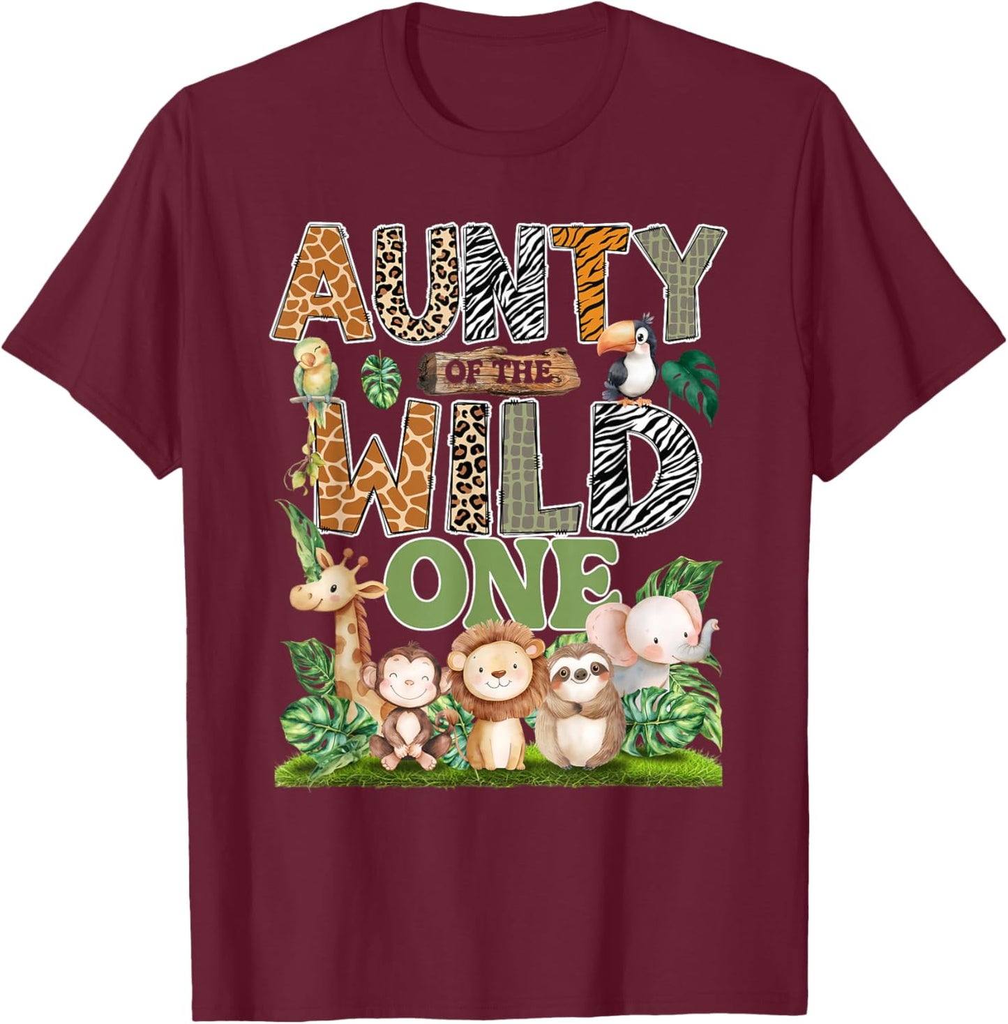 Aunty of The Wild One 1St Birthday Kids Safari Jungle T-Shirt - T-Shirt | Maroon