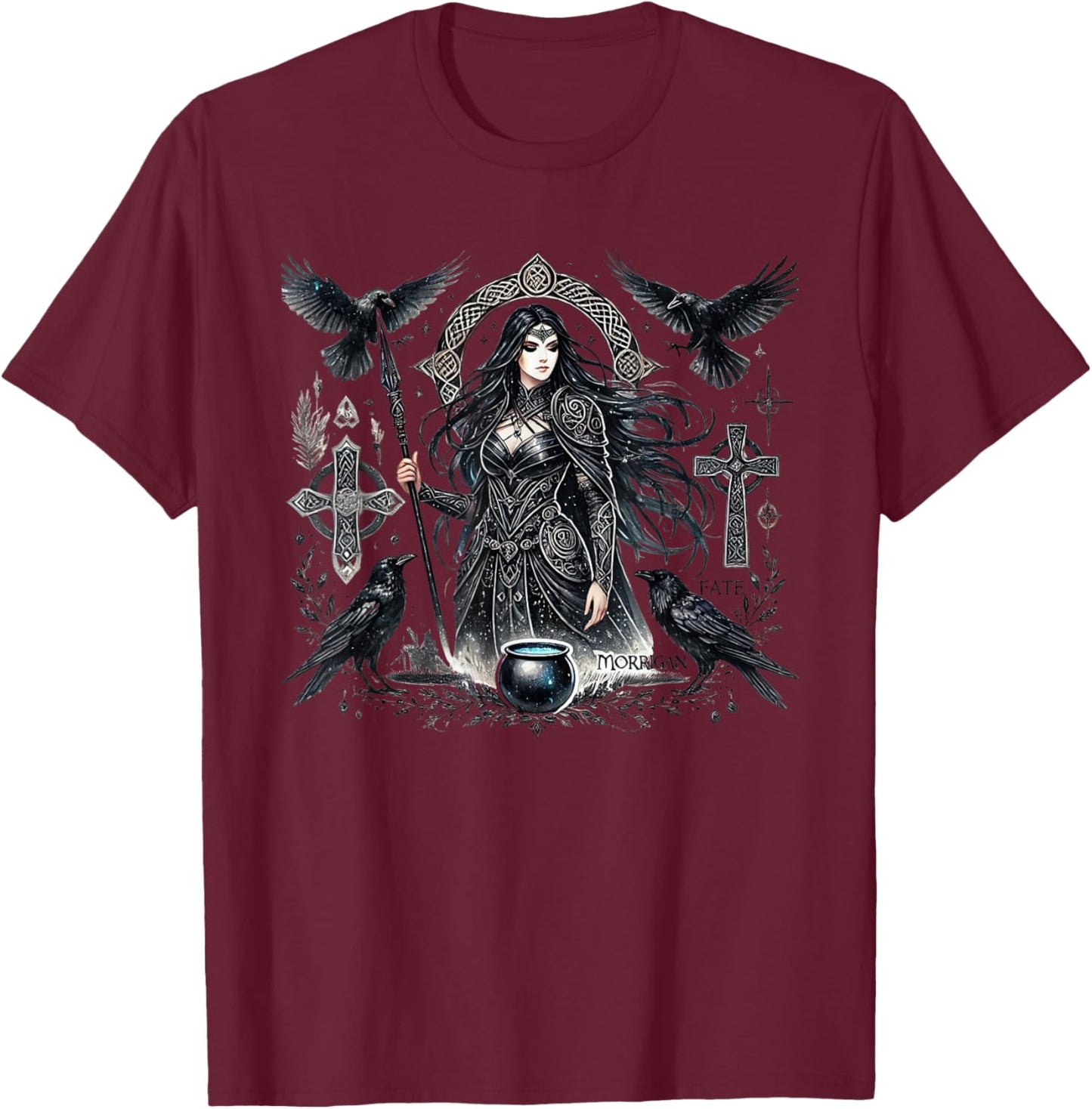 Mystical Morrigan: Embrace the Goddess Power of the Raven T-Shirt - T-Shirt | Maroon