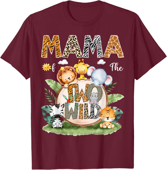 Mama Of The Two Wild 2Nd Birthday Safari Animal Lover T-Shirt - T-Shirt | Maroon