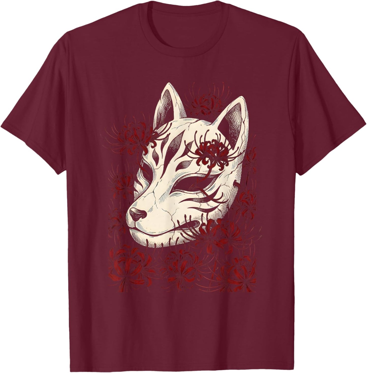 Kitsune Mask Fox Spirit Red Spider Lily Flower Yokai Art T-Shirt - T-Shirt | Maroon