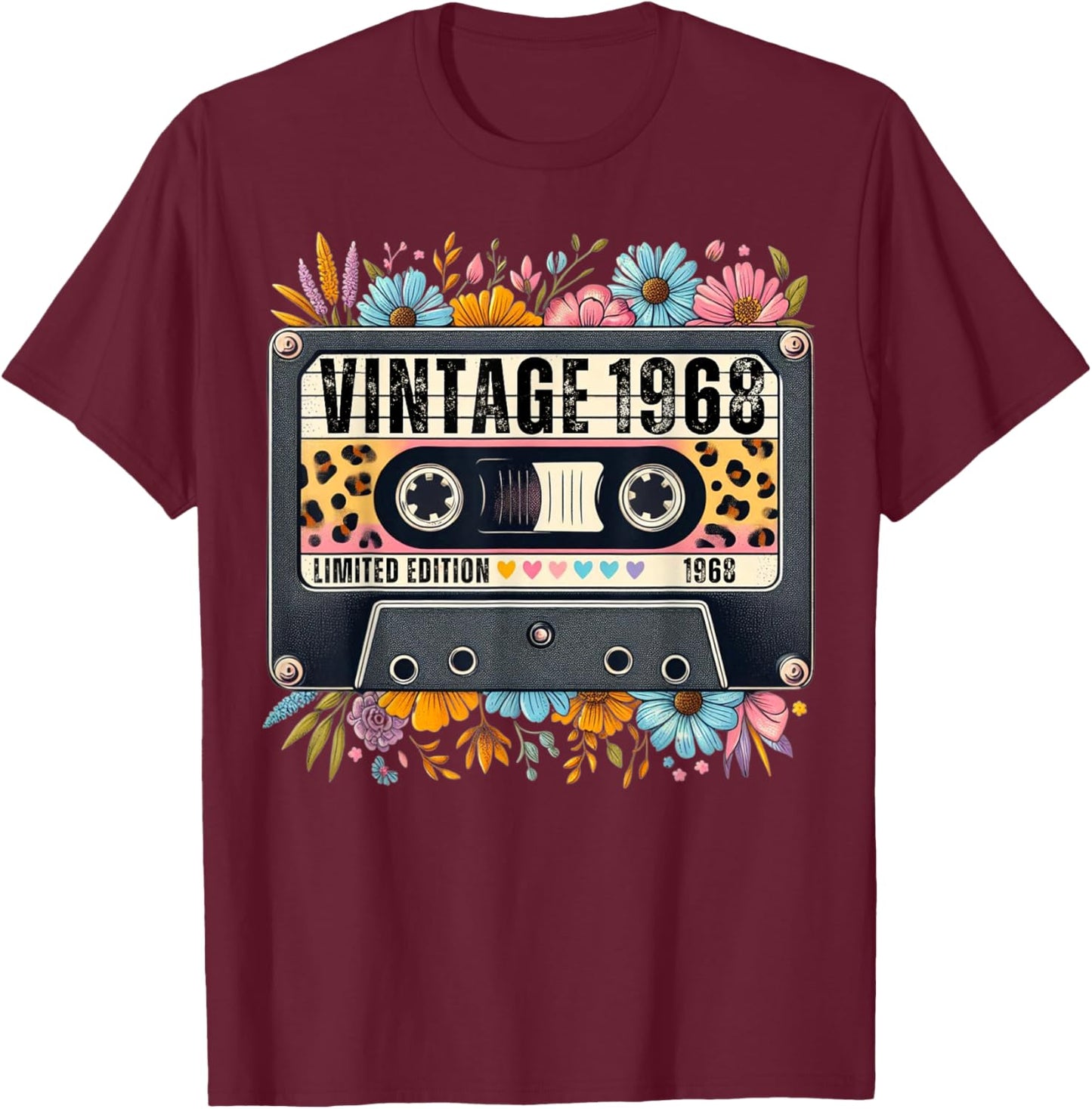 Vintage 1968 Birthday Cassette Tape Floral Women Mom Grandma T-Shirt - T-Shirt | Maroon