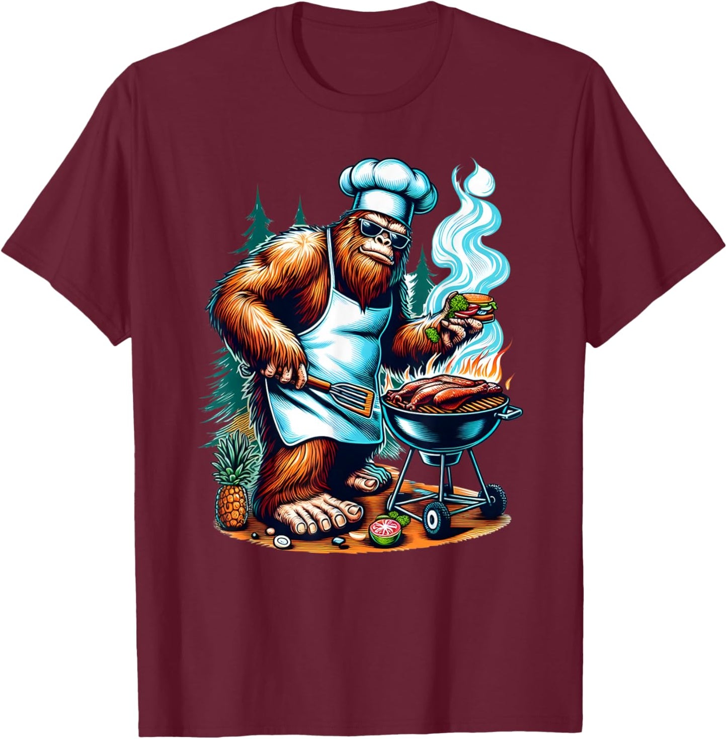 BBQ Master Bigfoot Chef Grill Cooking Barbecue Dad Funny T-Shirt - T-Shirt | Maroon
