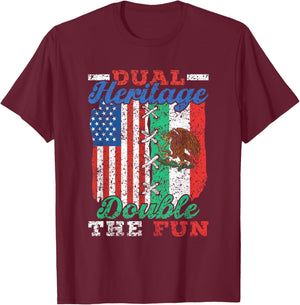 Double Heritage Double Fun USA Mexican American T-Shirt - T-Shirt | Maroon